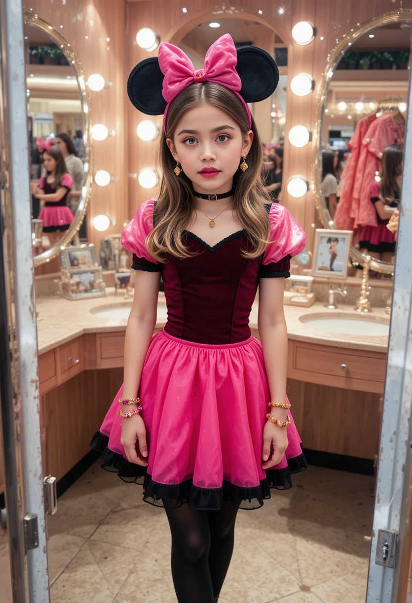 Niño preadolescente con vestido rosa de Minnie junto a tocador de boutique