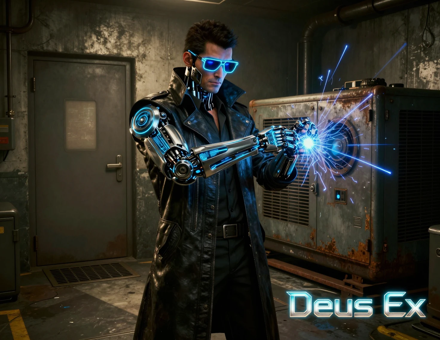 Cyberpunk detective with neon augments in industrial room