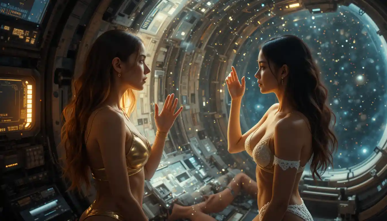 Close up of two women separated by a spaceship window