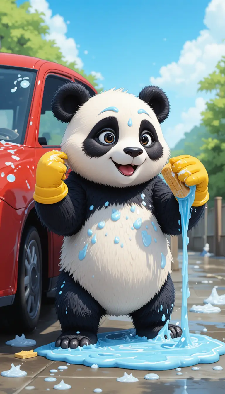 Cartoon Panda Washing A Red Car On A Sunny Day