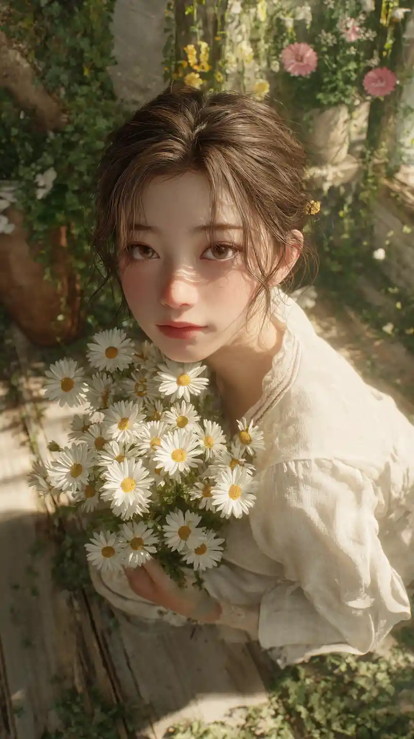 High angle portrait of a gentle girl with daisies