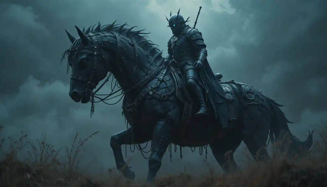 Terrifying armored rider on a monstrous horse in darkness