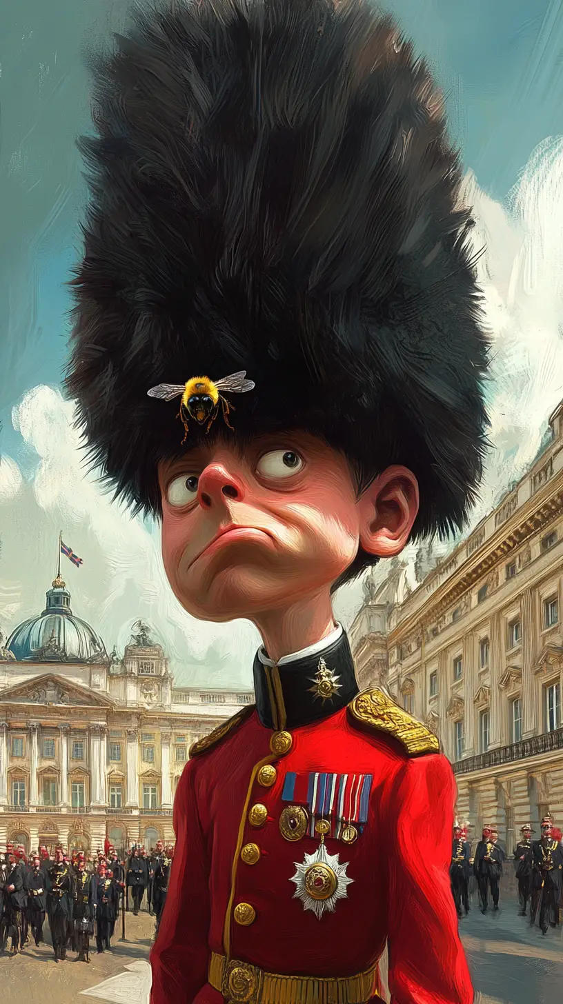 Young royal guard reacts to a bee at palace