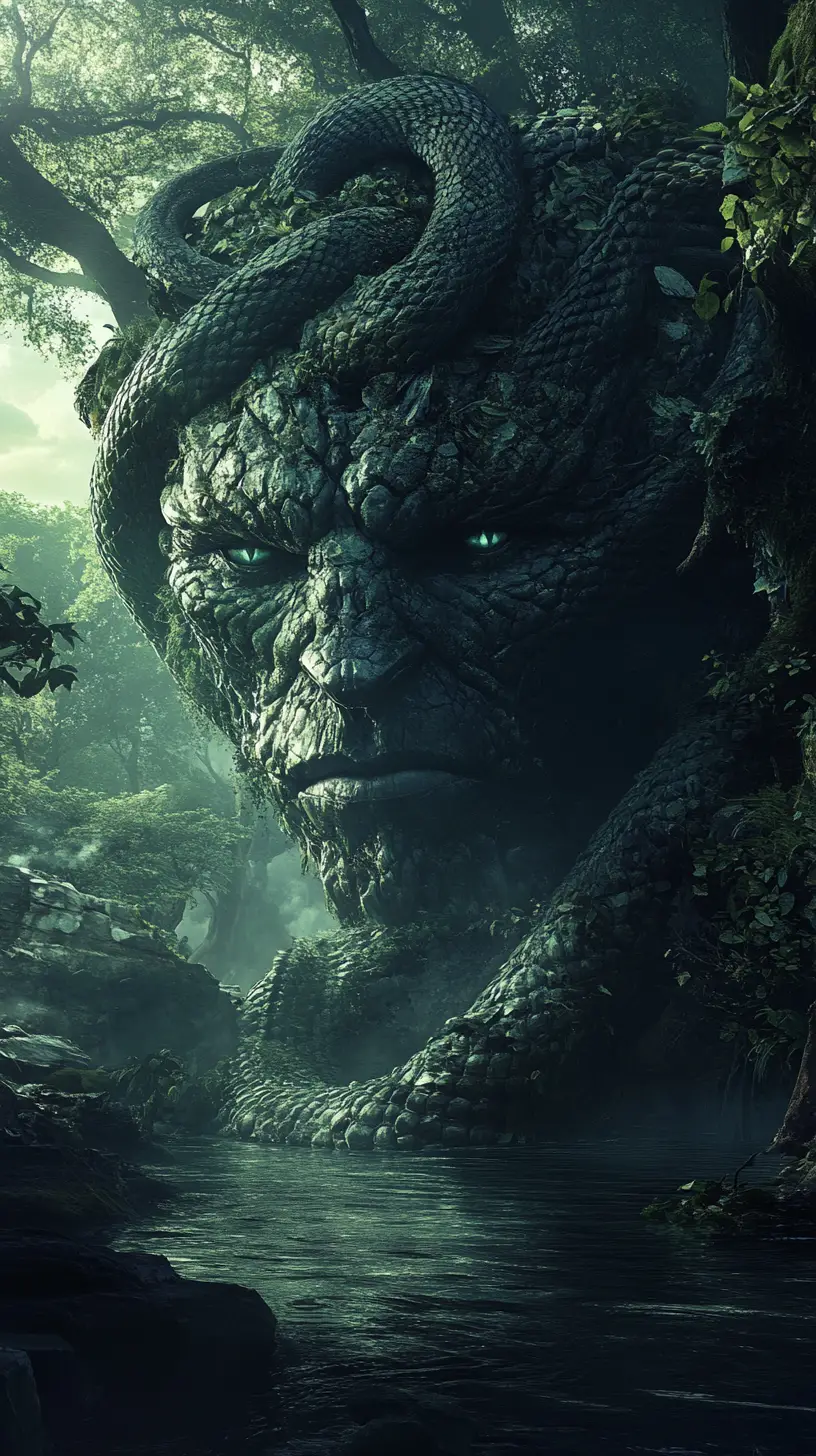 Majestic lamia rising from mist in a mystical forest