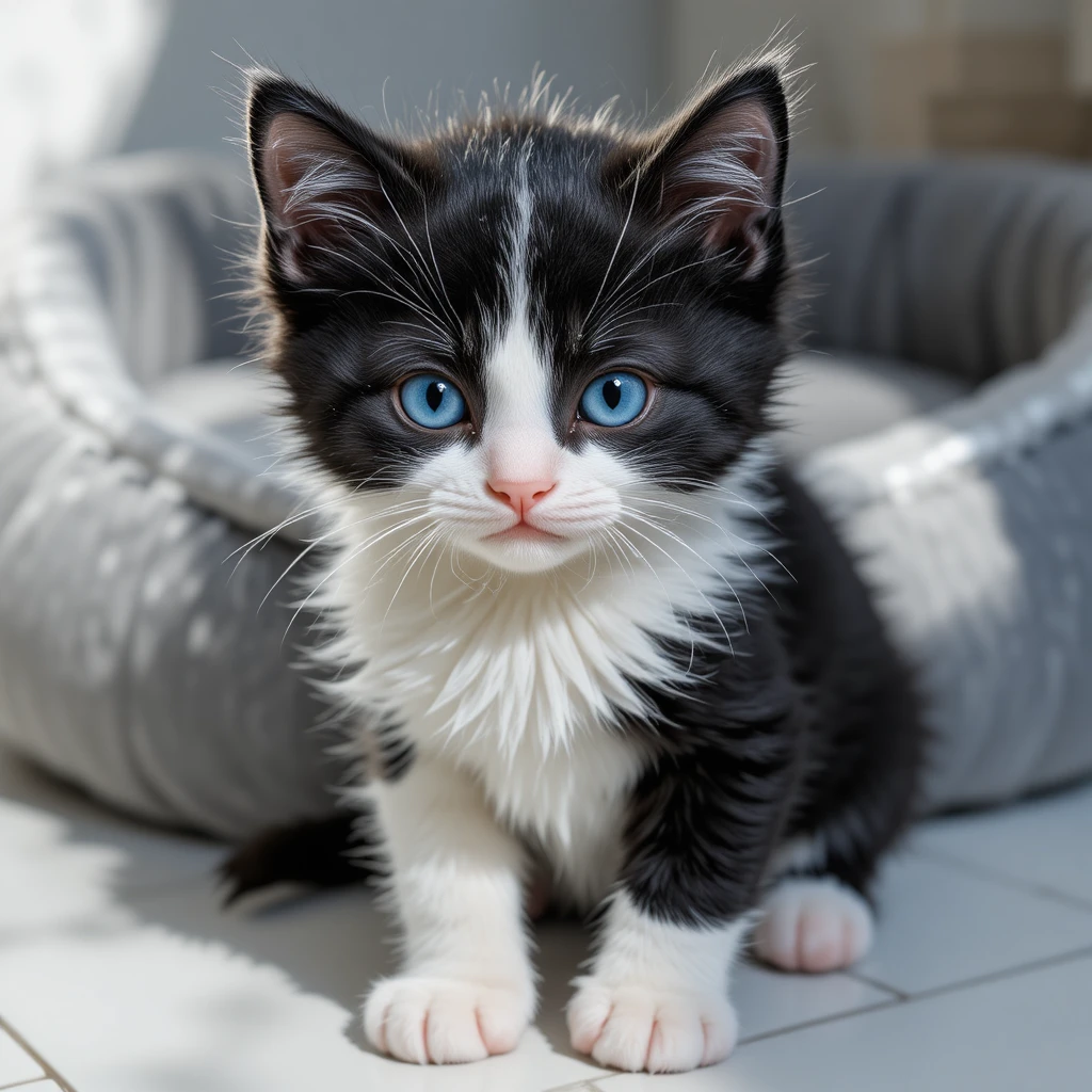 Gatito tuxedo con cara partida y ojos de heterocromía
