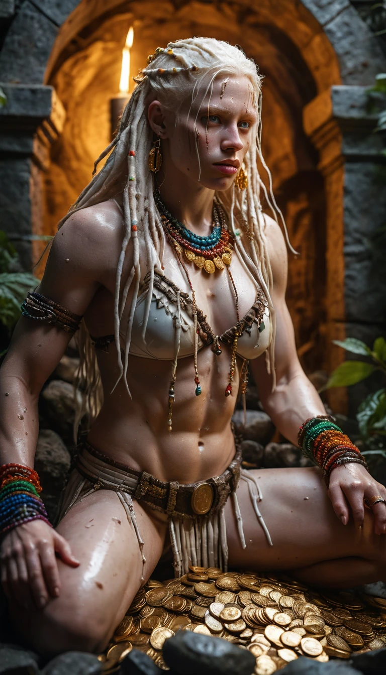 Albino barbarian woman rising from ancient gold treasure
