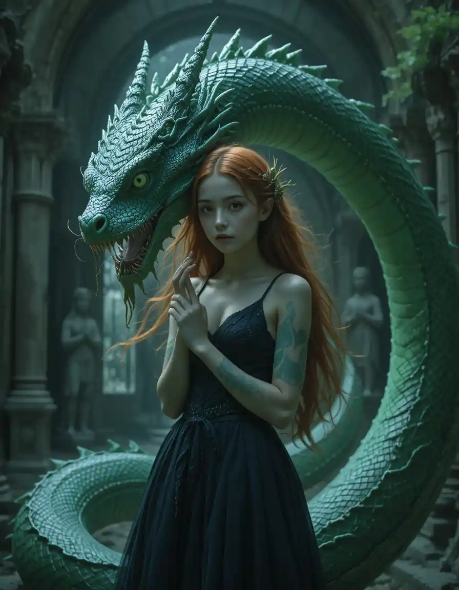 Pale red haired girl with dragon wings and giant green serpent