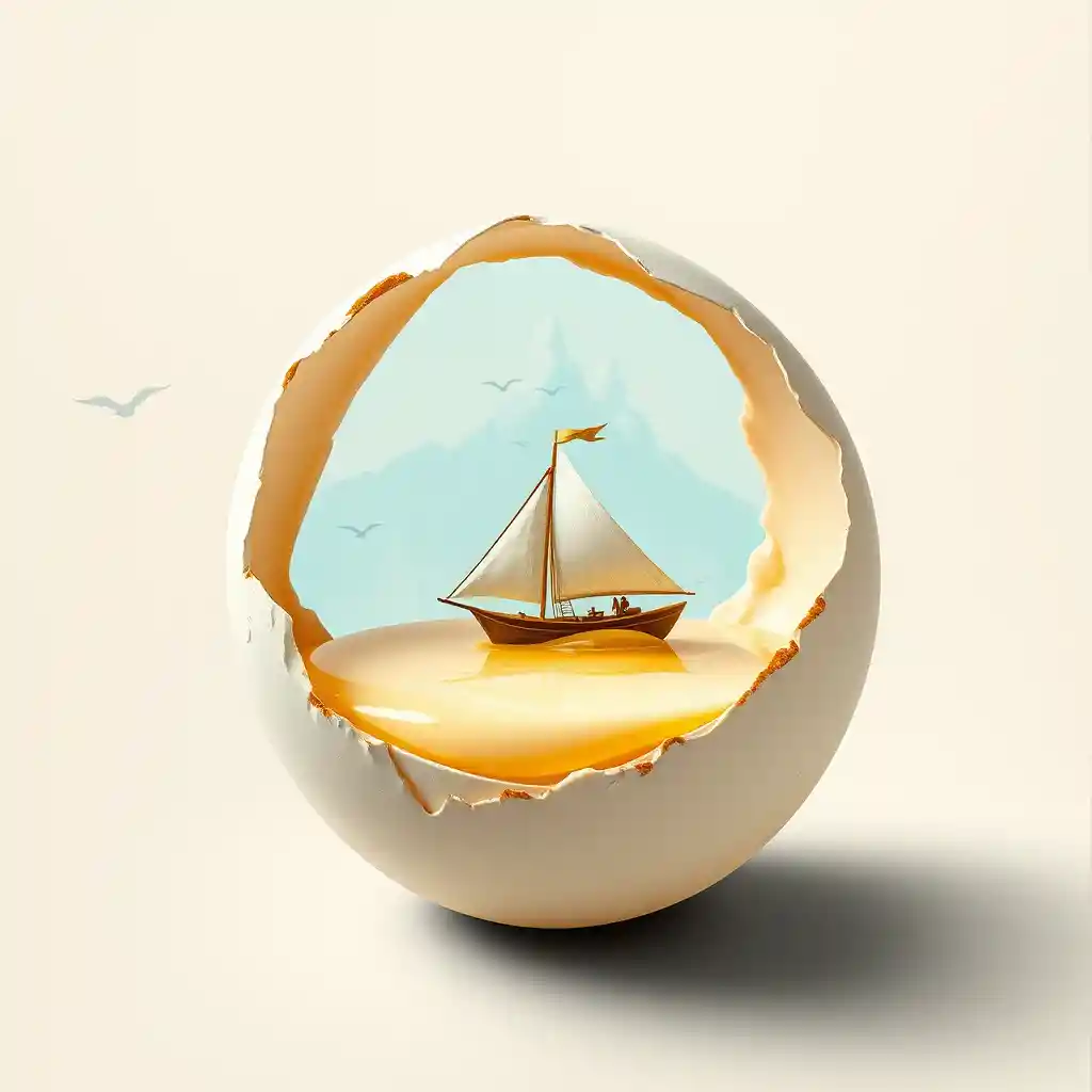 Miniature sailing ship floating on a sea of egg white