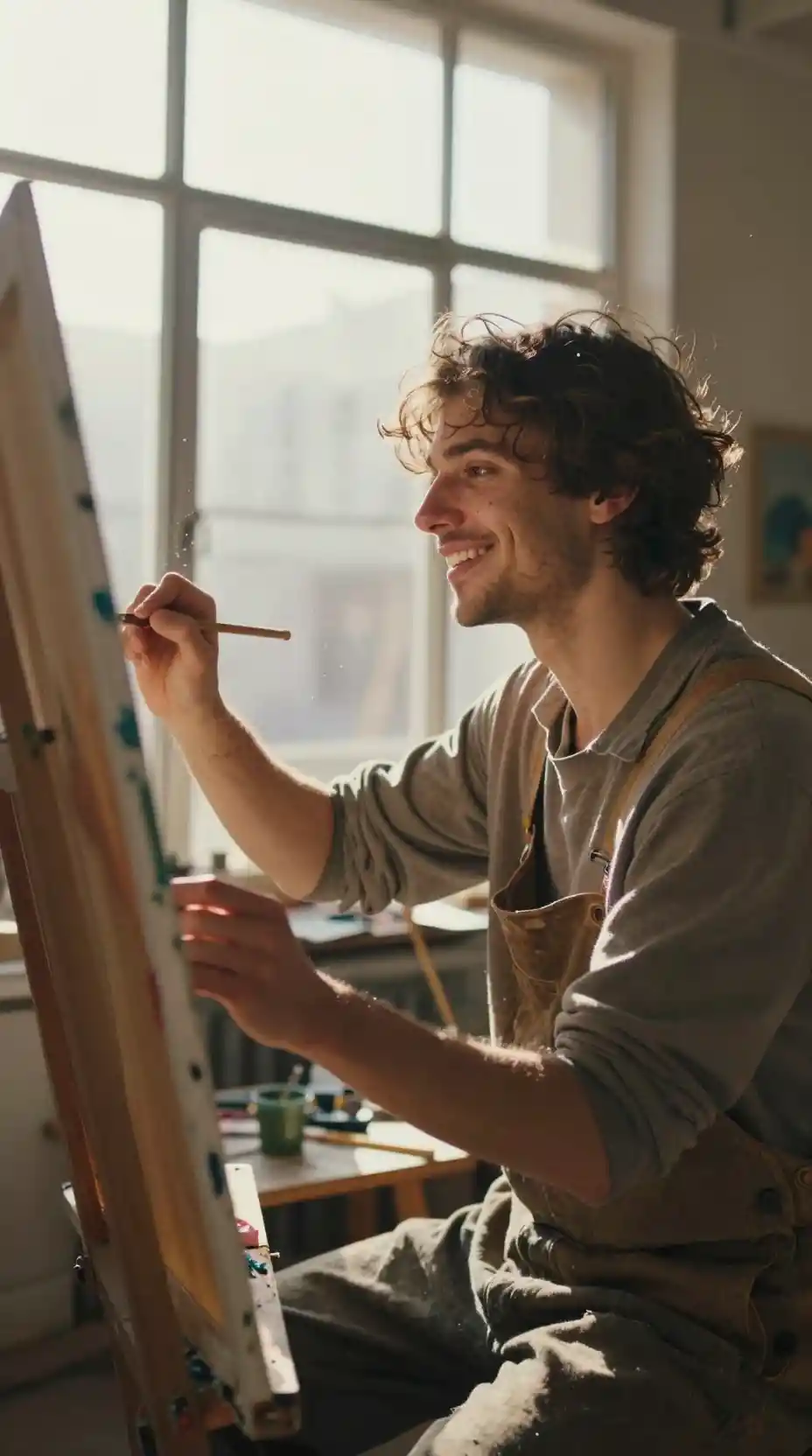 Artista inspirado pintando sobre un lienzo colorido a la luz del sol