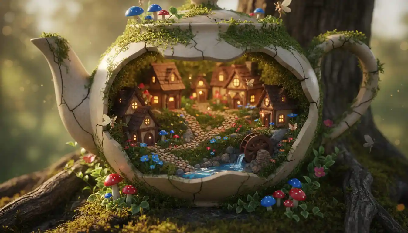 Tiny fairy tale village hidden inside a teapot
