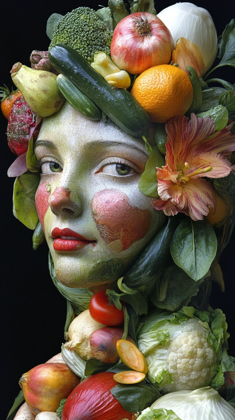 Surreal female face assembled entirely from fresh vegetables