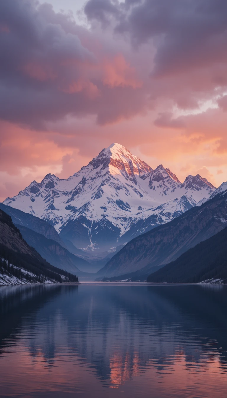 Sommets de montagnes enneigés reflétés dans un lac calme au coucher du soleil