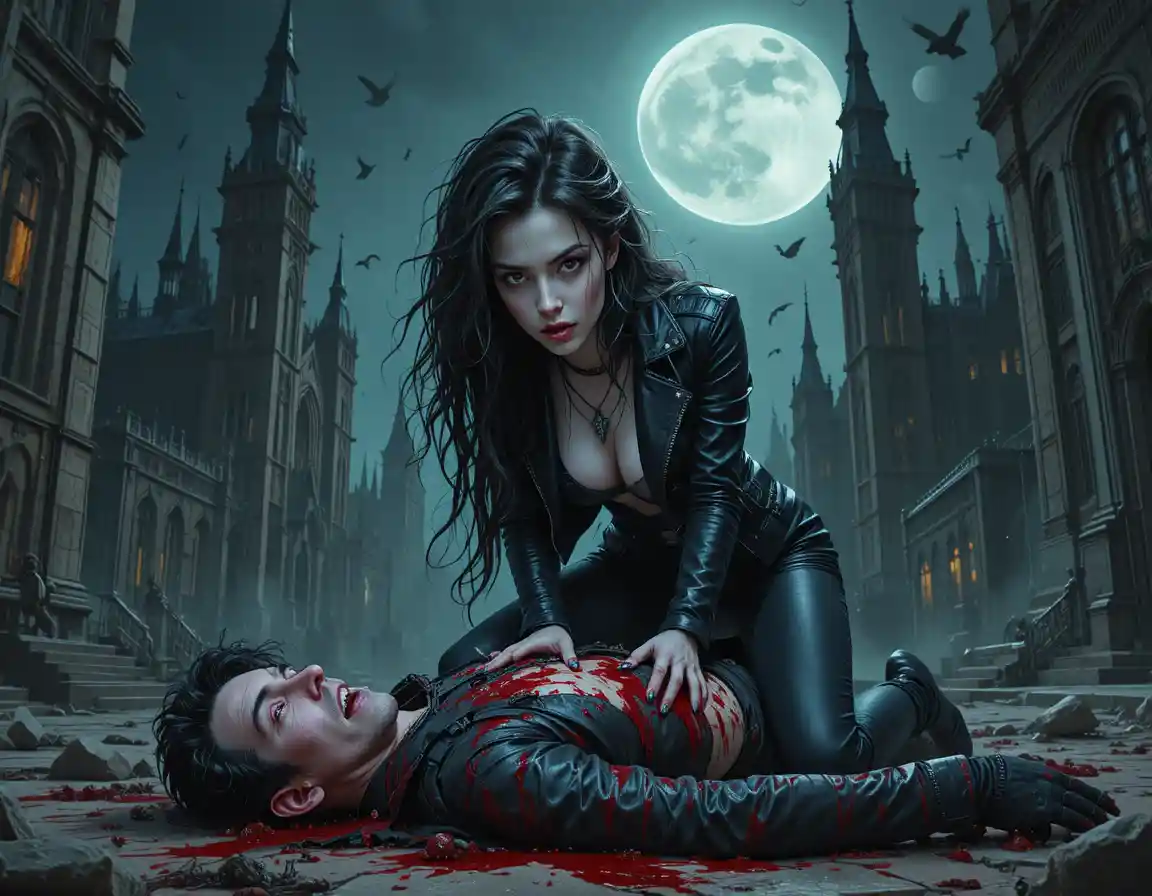 Dark woman kneels over dying man under gothic moonlit sky