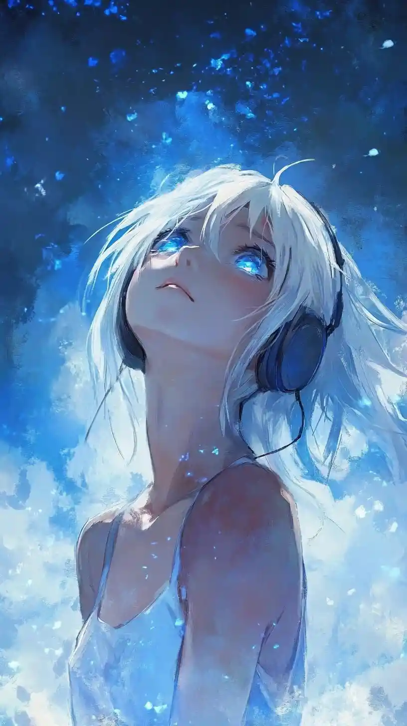 Anime girl with white hair and blue eyes looking up
