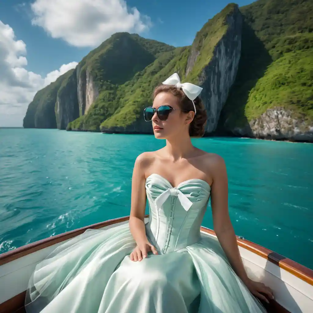 Jeune femme à la proue d’un hors-bord sur une mer turquoise