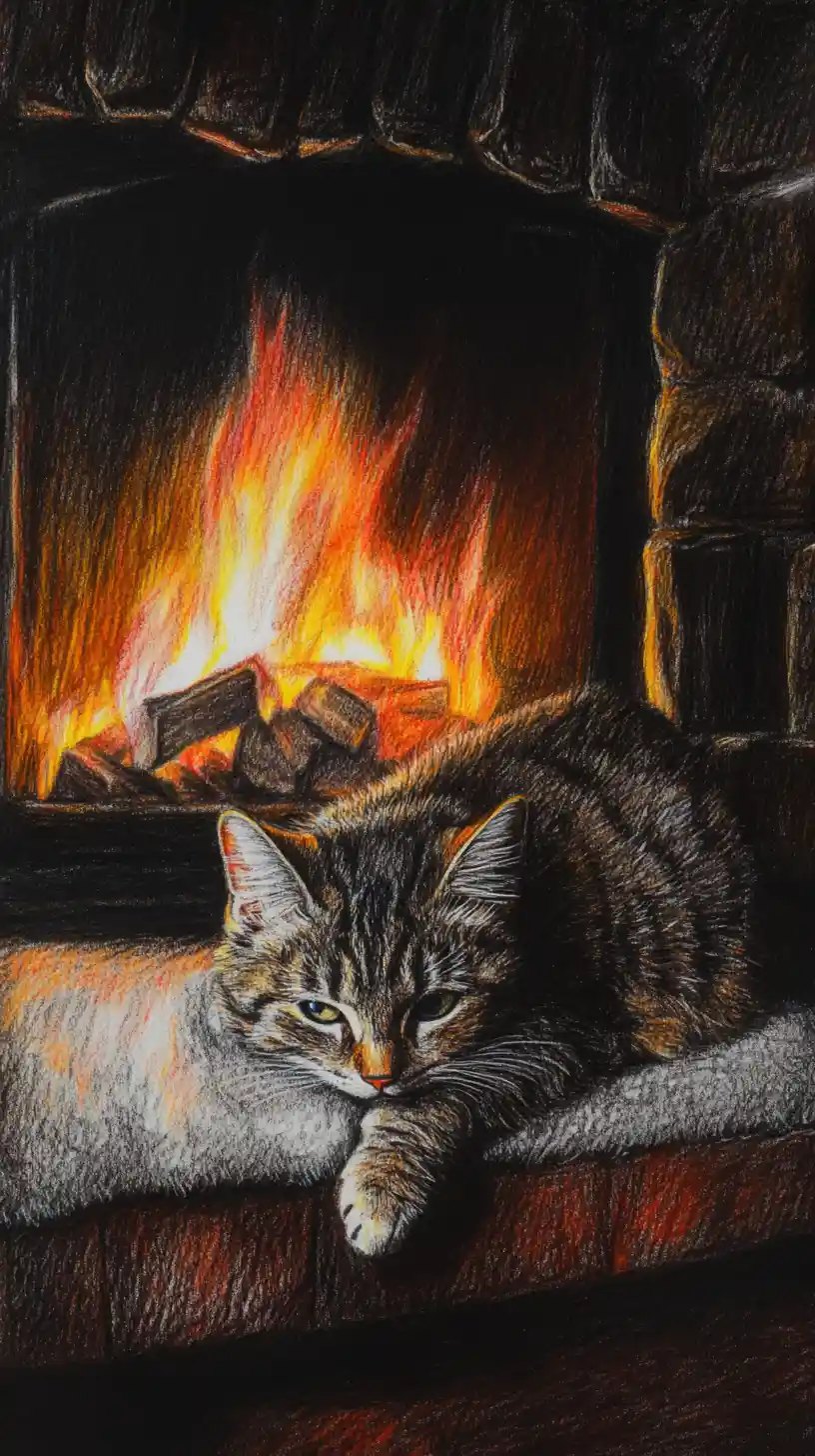 Colored pencil cat illustration by a cozy fireplace