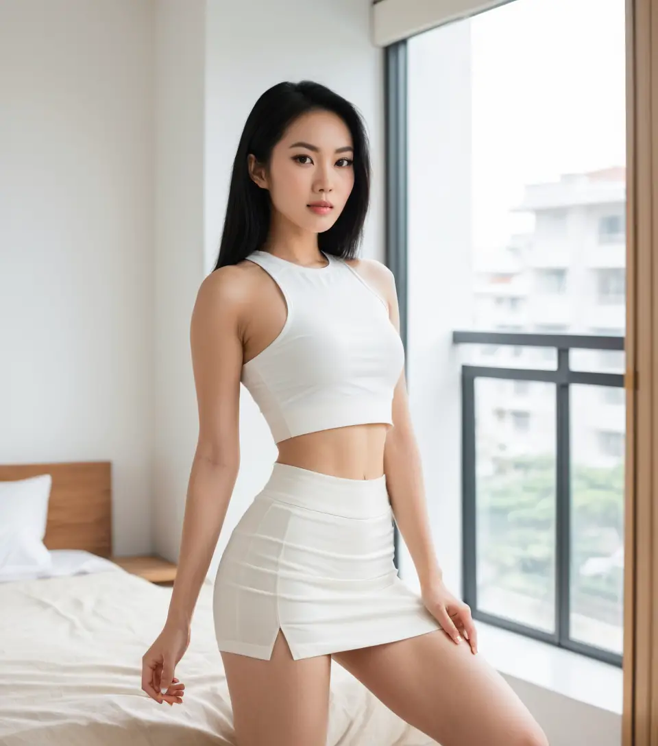 ミニマルなアパートのスポーティーな服装のベトナム人女性