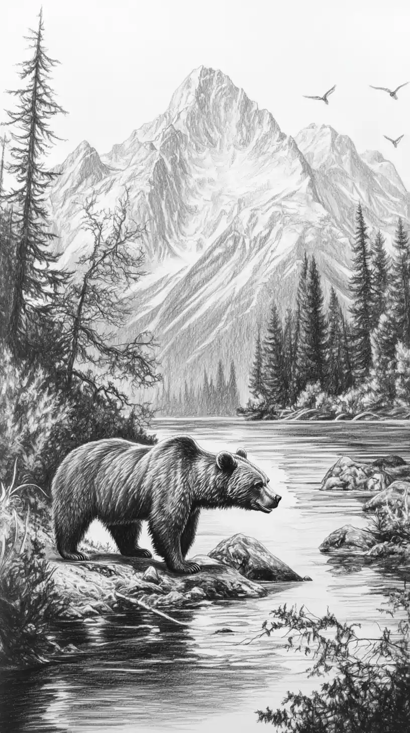 Grizzly bear pencil drawing by a river catching salmon