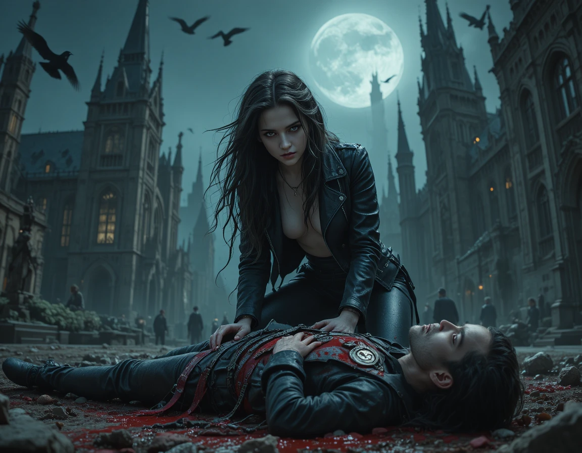 Fierce woman over fallen man under a gothic moon