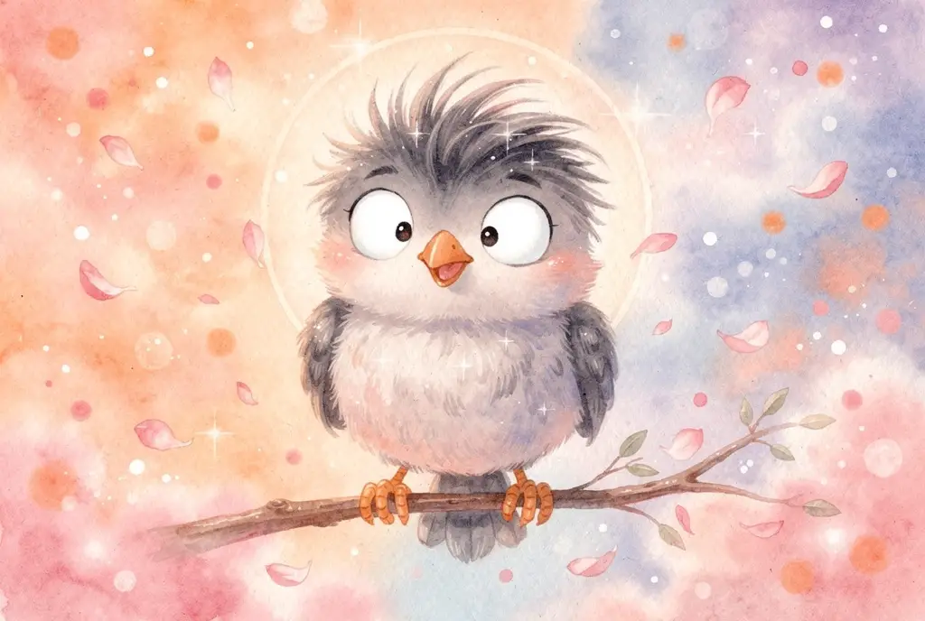 Cute cartoon bird on branch in pastel watercolor scene
