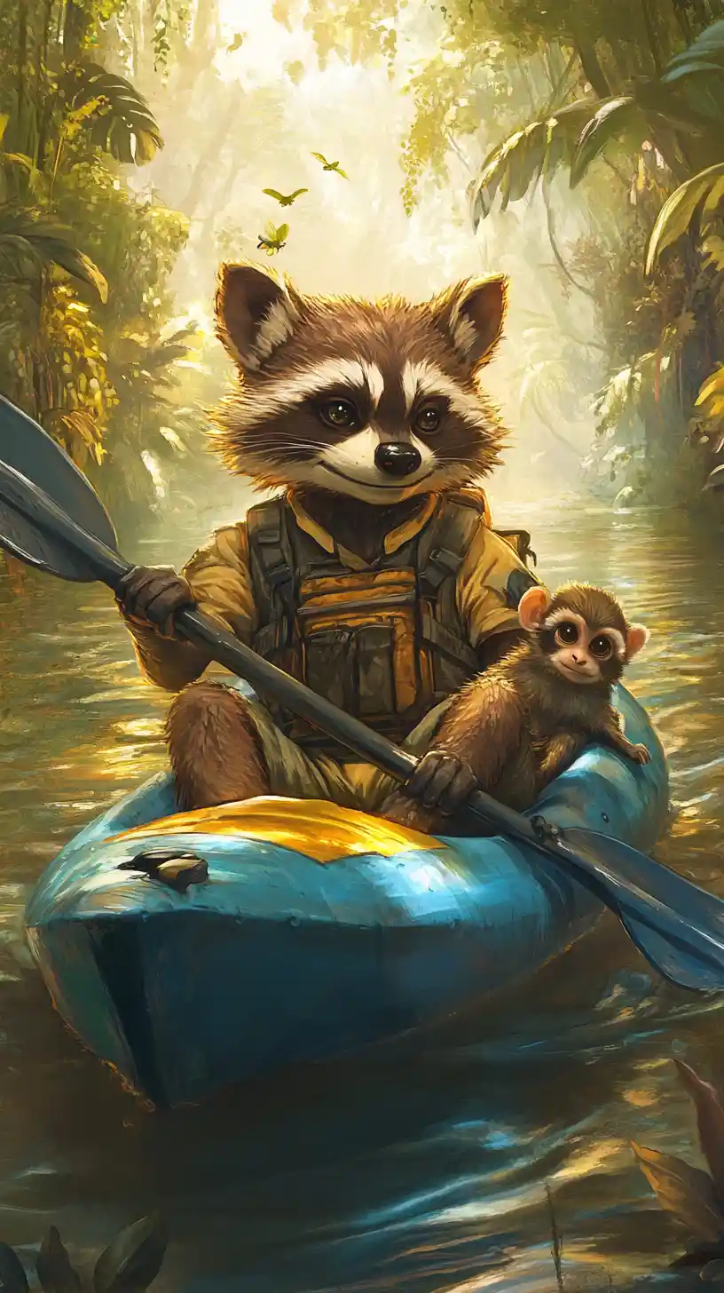 Cheerful raccoon paddling a canoe through a jungle river