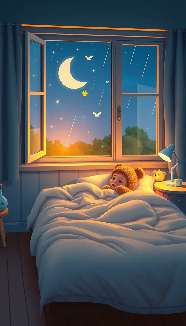 Schlafendes Kind im mondbeschienenen Kinderzimmer mit Glühwürmchen und Teddybär