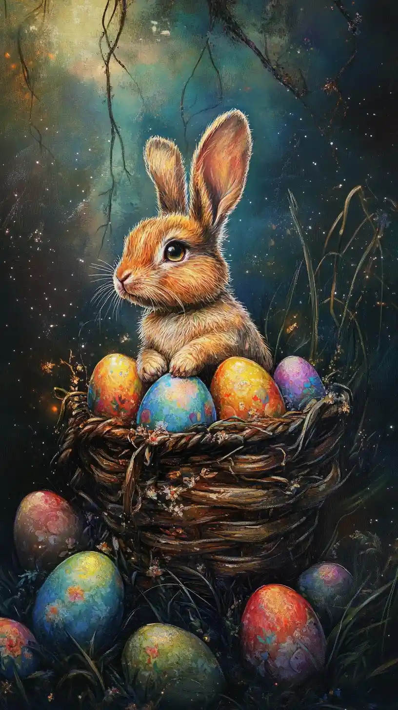 Surreal Easter basket with glowing eggs and rabbit