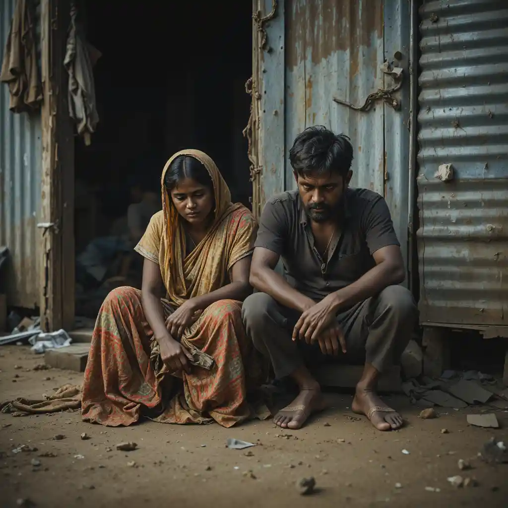 Poor Indian couple sitting outside a small tin house