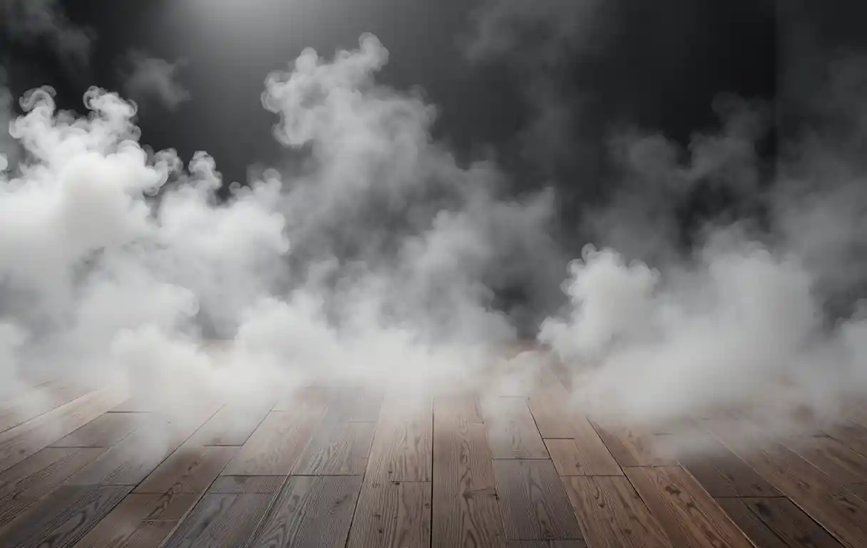 Fumée blanche dérivant au-dessus d’un parquet sombre en intérieur