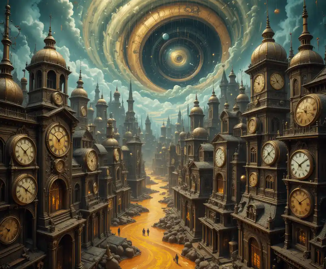 Ciudad steampunk surreal de torres de engranajes y calles fundidas