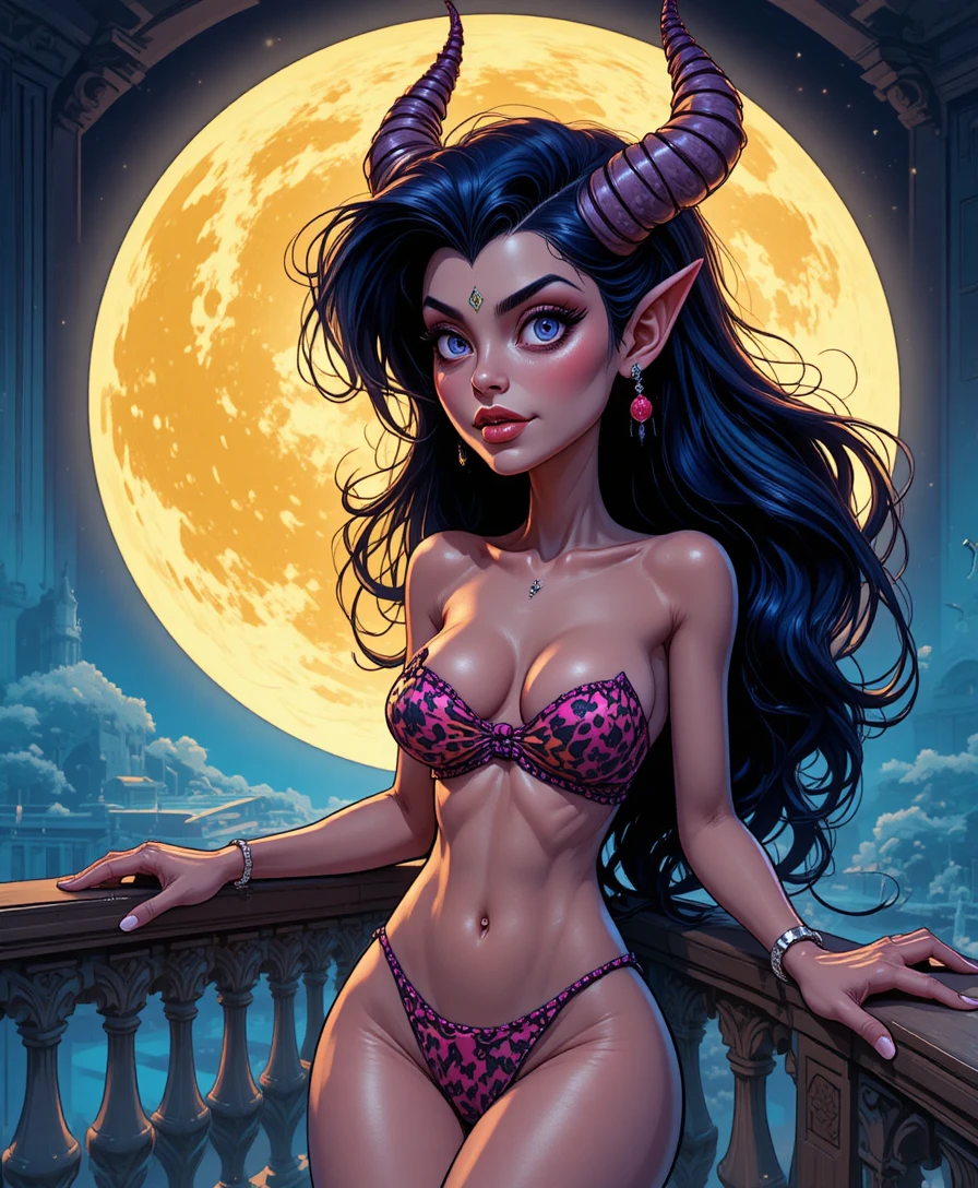Winged demon woman resting against an elegant balcony