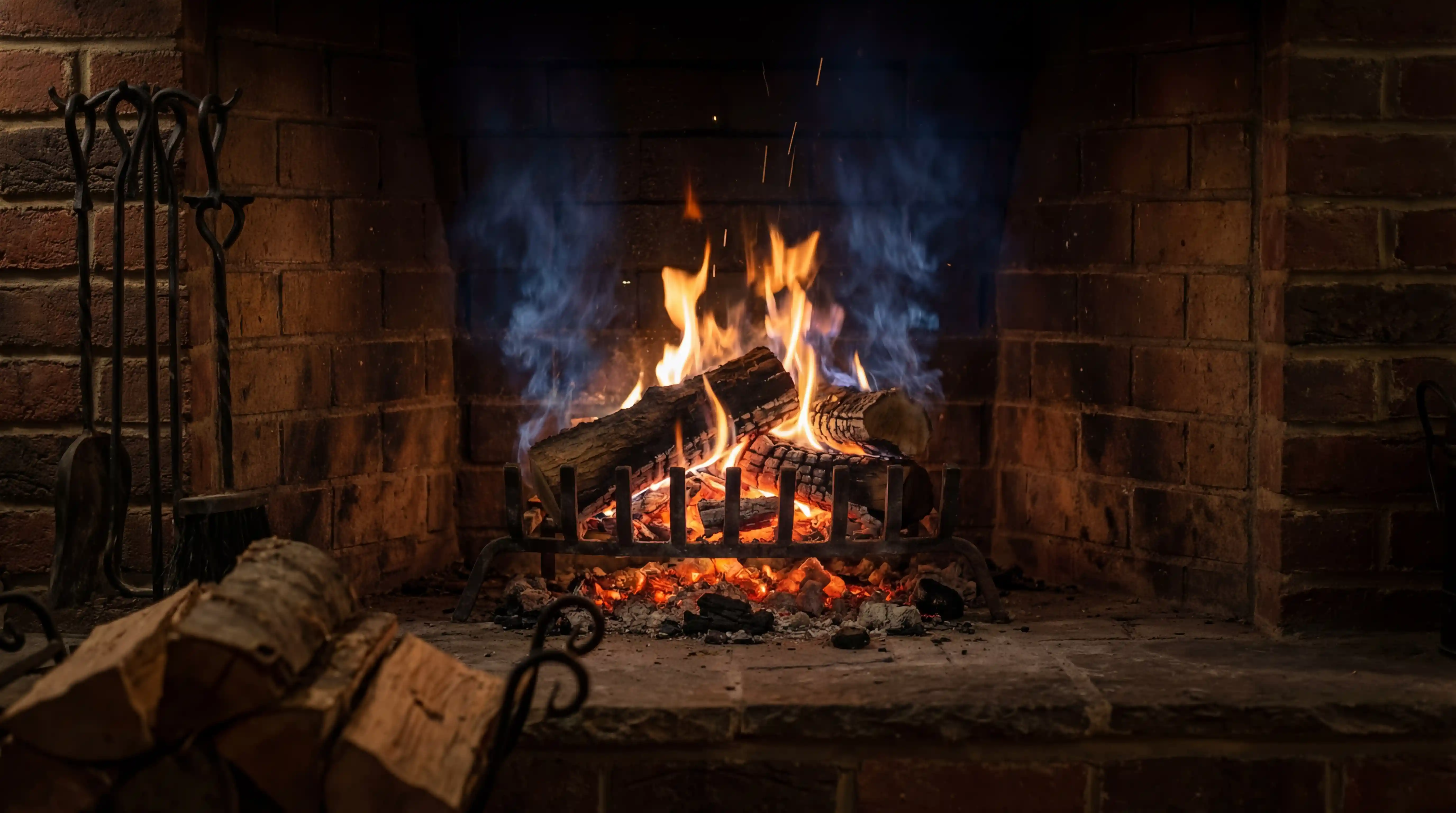 Cozy brick fireplace with gently flickering orange flames