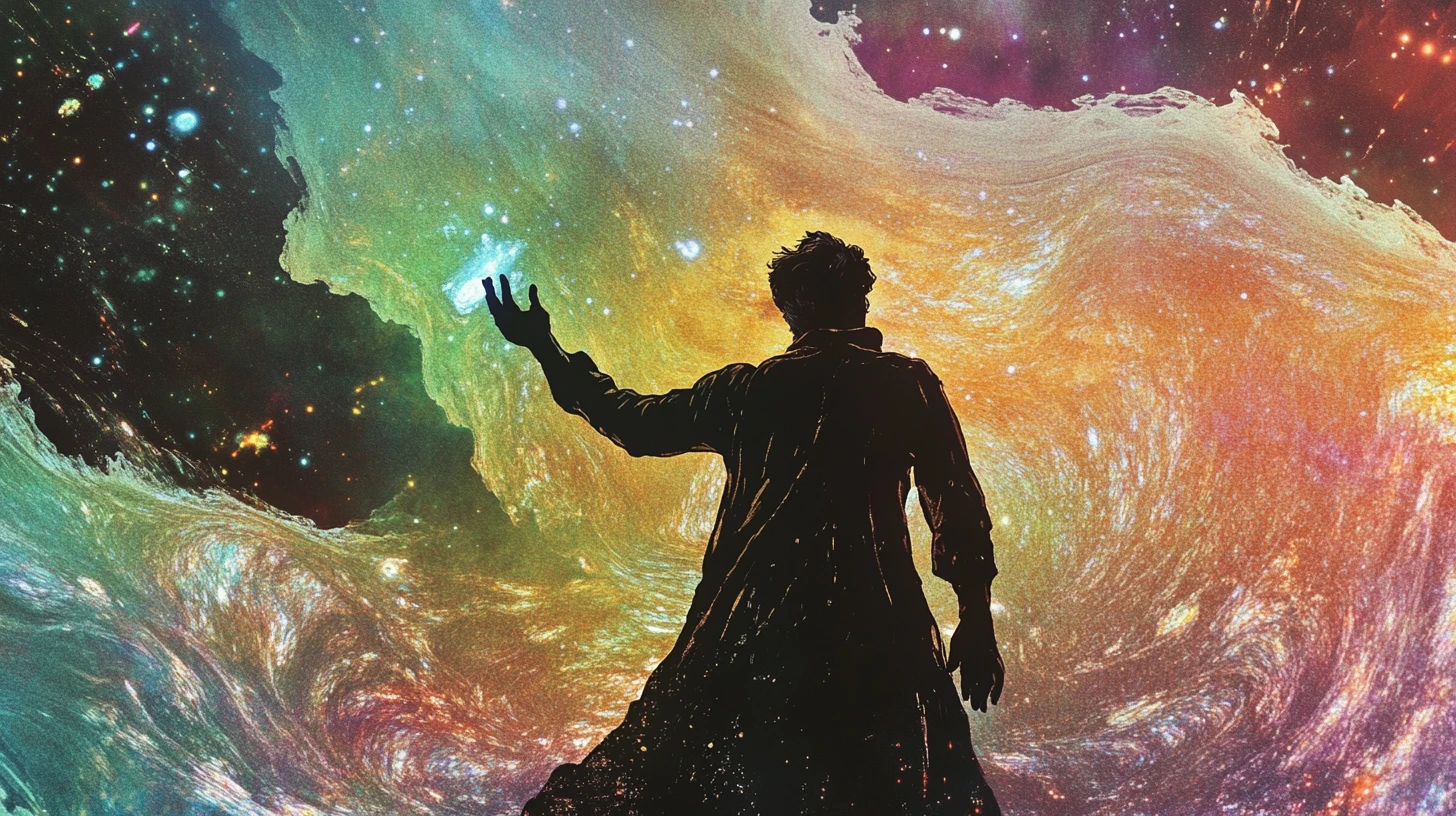 Dark sorcerer casting magic amid swirling cosmic dust