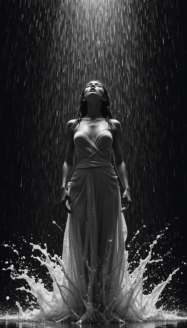 Woman in torrential rain under dramatic overhead spotlight