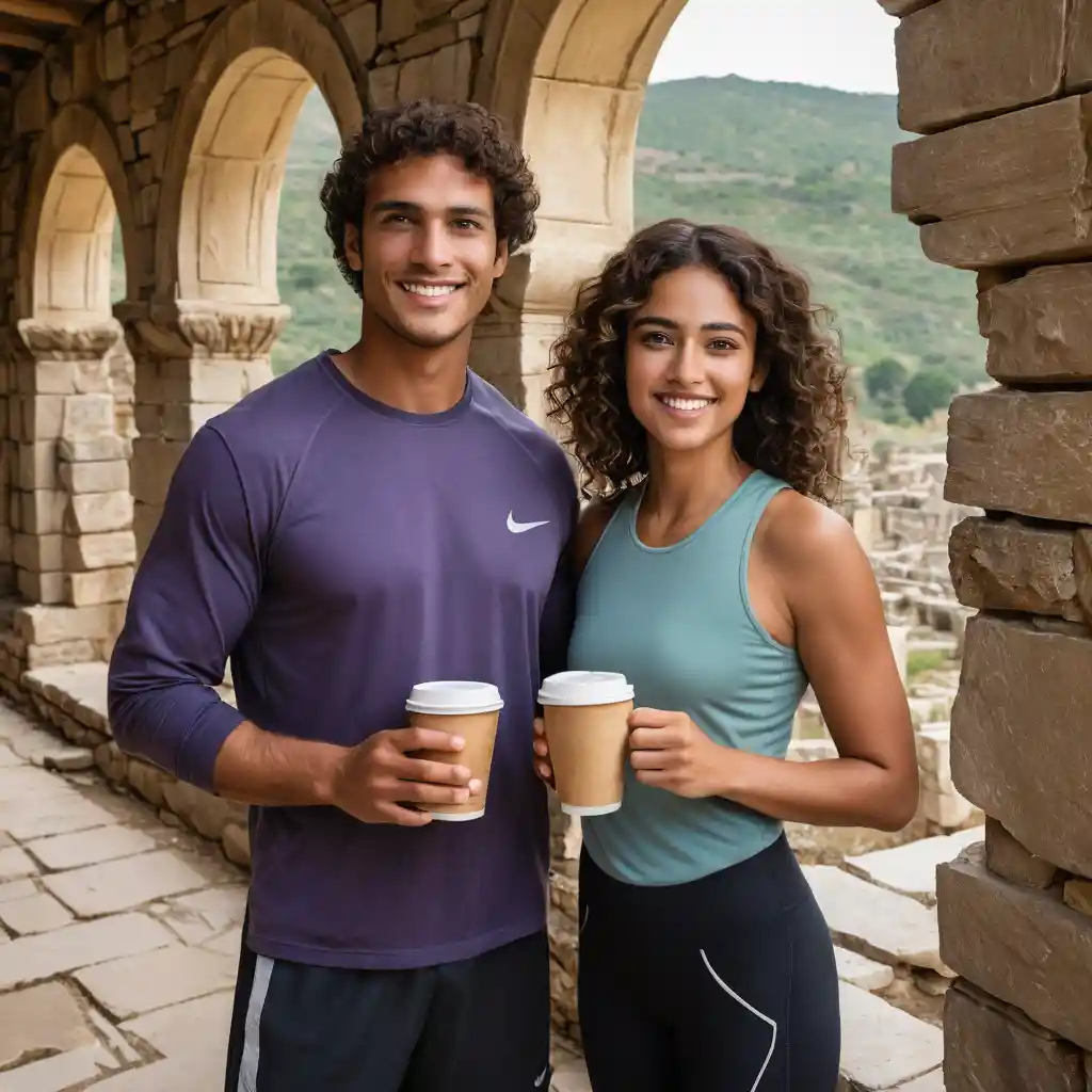 Smiling couple with coffee under ancient stone arches