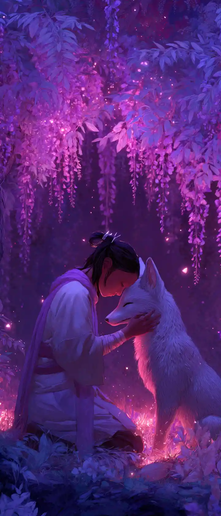 Young healer comforting a wounded mythical fox spirit