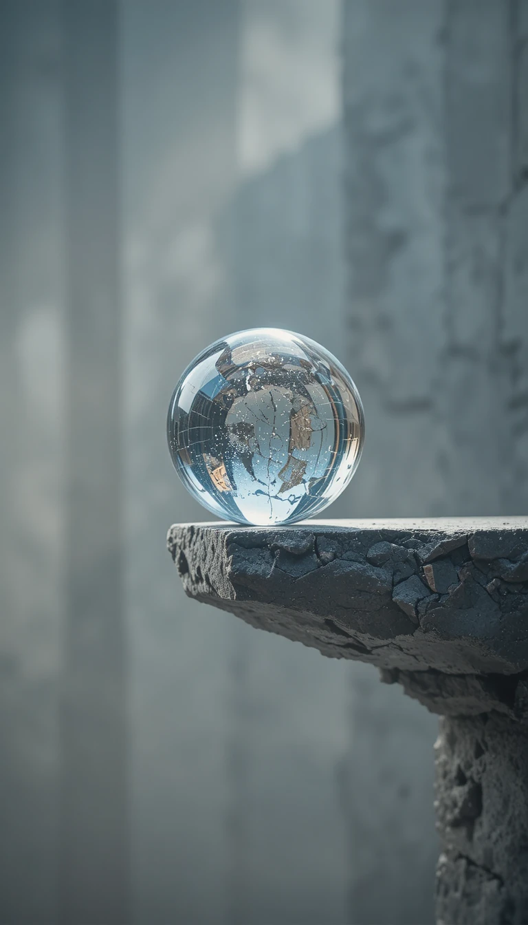 Esfera de cristal equilibrada en el borde de una estrecha losa de piedra