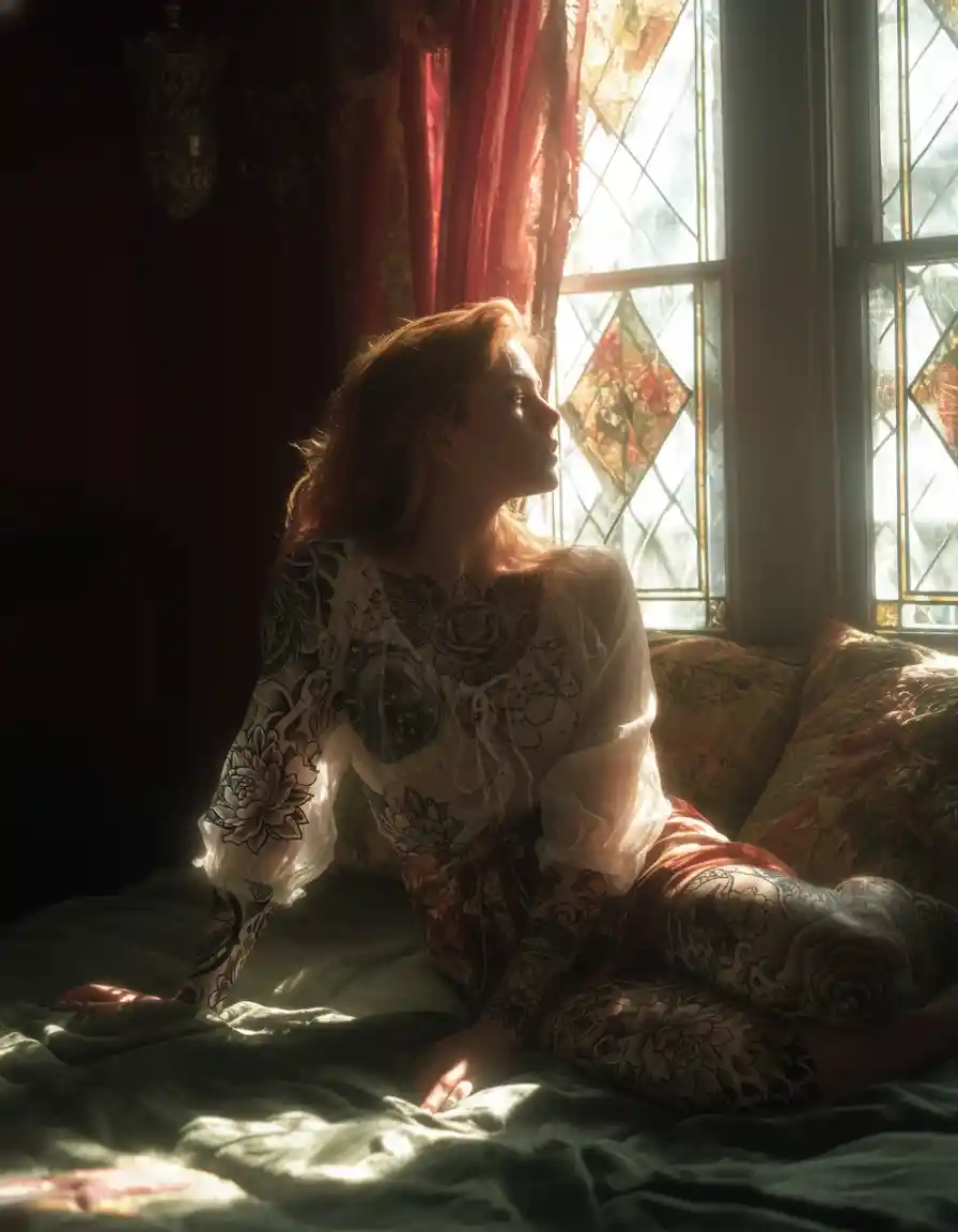 Tätowierte Frau sitzt in einem sonnendurchfluteten Raum und blickt aus einem Buntglasfenster.