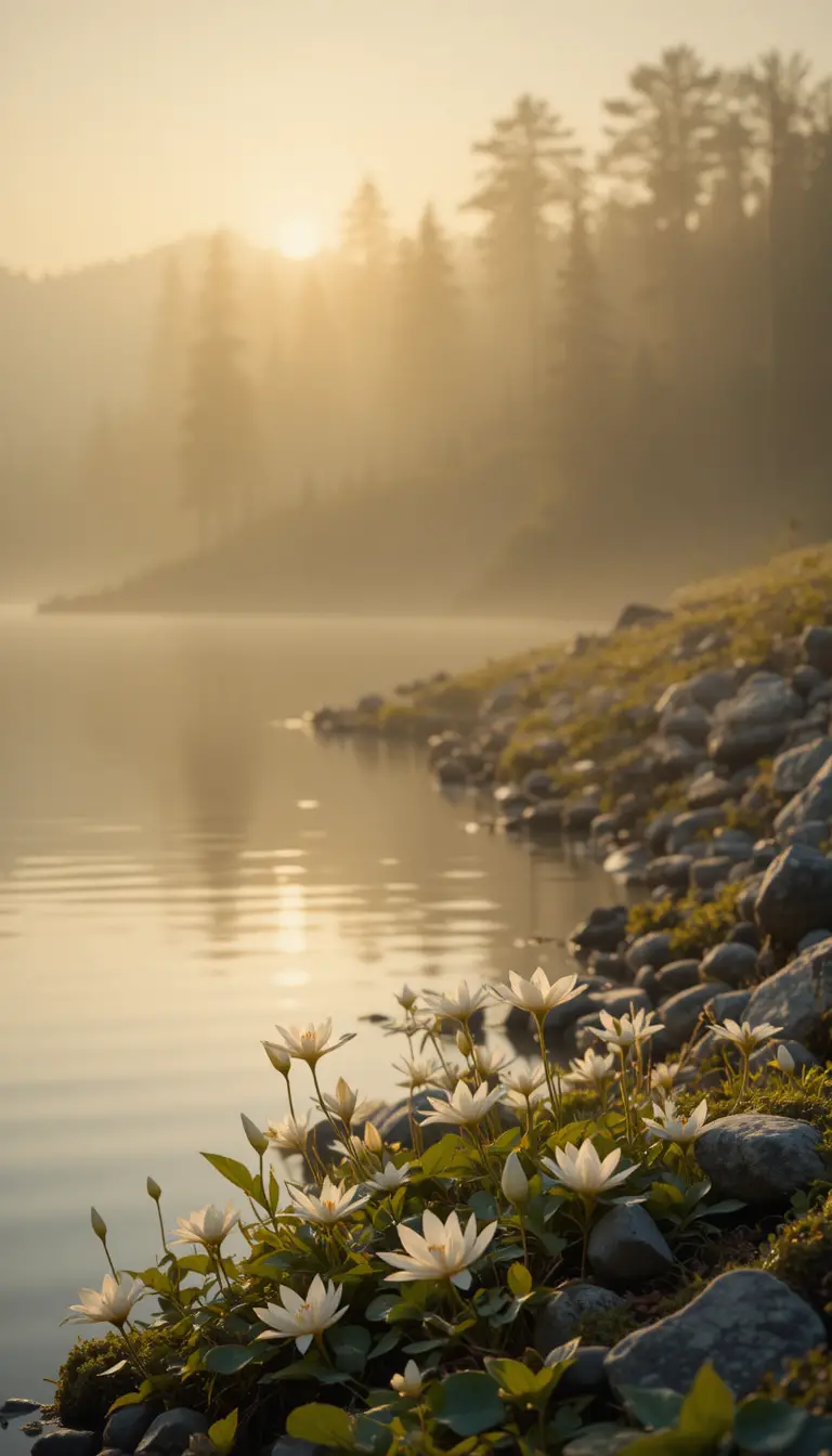 Tranquil lakeside water lilies in warm afternoon light