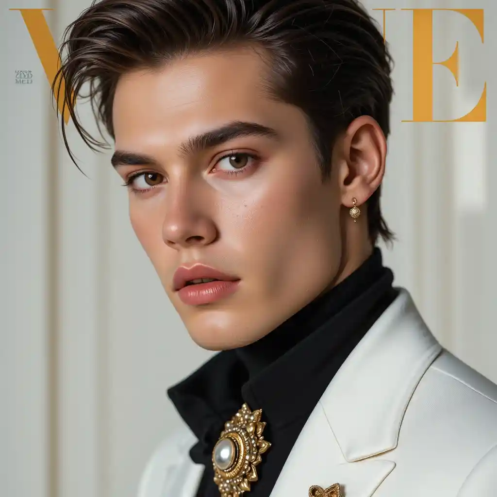 Confident male model in tailored blazer with bold brooch