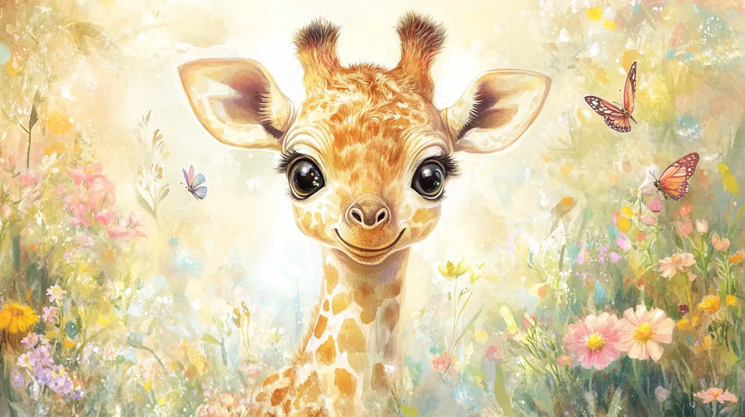 Cute baby giraffe sitting in a sunny flower meadow