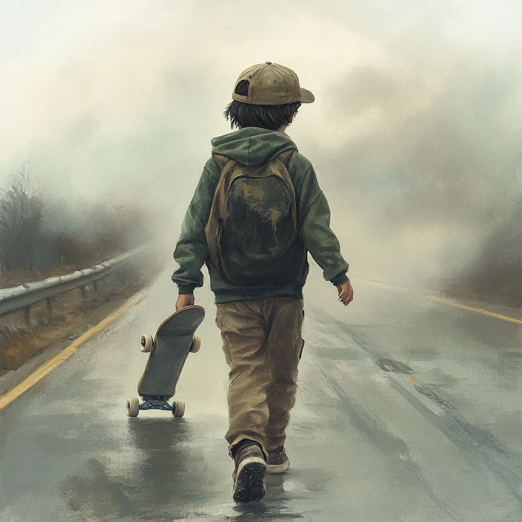 Chico caminando solo por una autopista con niebla con su patineta