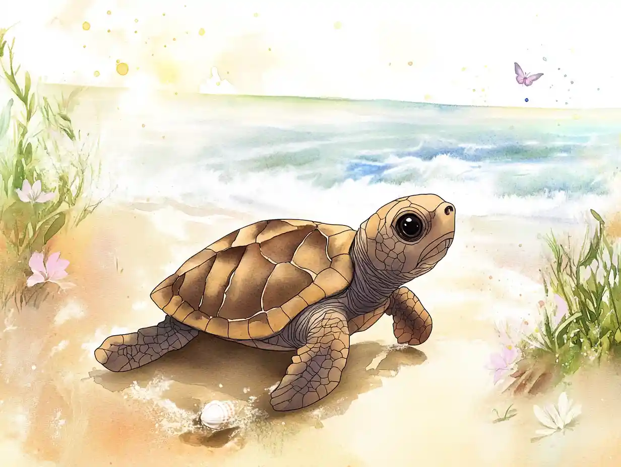 Baby Sea Turtle On Sunny Watercolor Beach