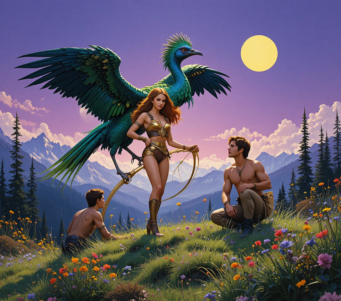 Avventurieri di fantascienza retrò con razzo e lune aliene