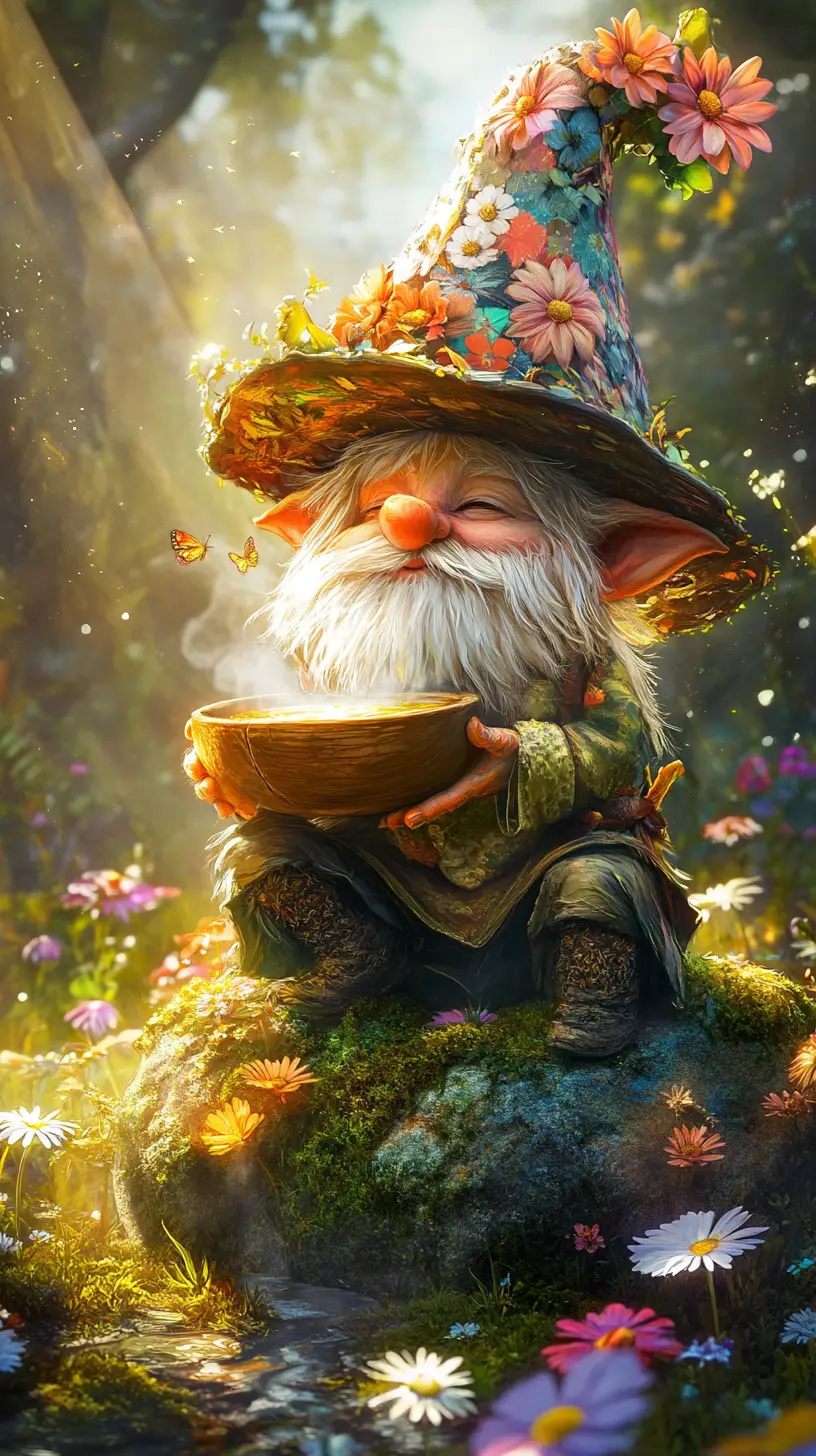 Garden gnome sipping soup in a magical flower meadow