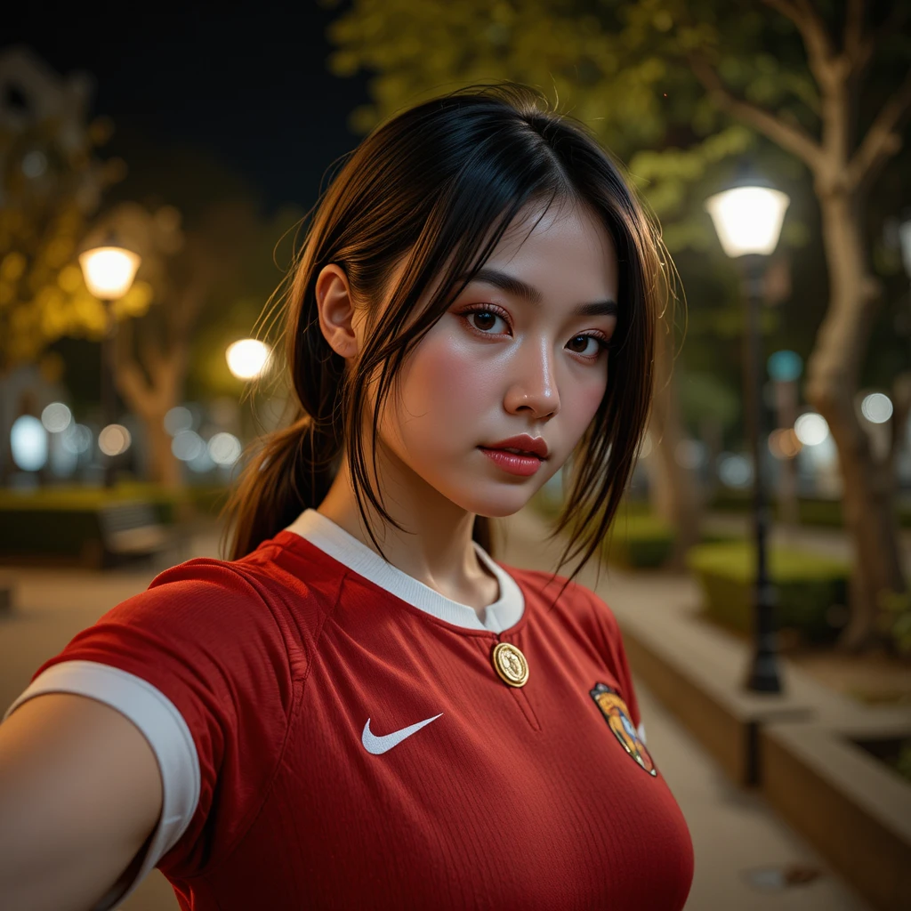 Night street selfie of woman in red cap and sweater