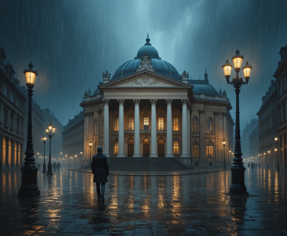 Rainy night opera house with lone figure under streetlamp