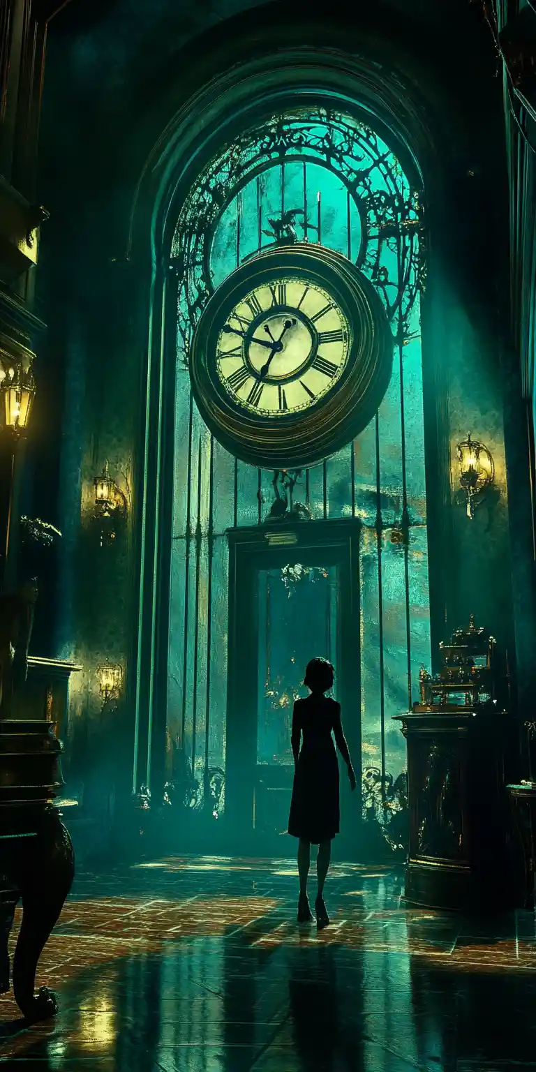 Woman arriving late in an avant garde indoor setting