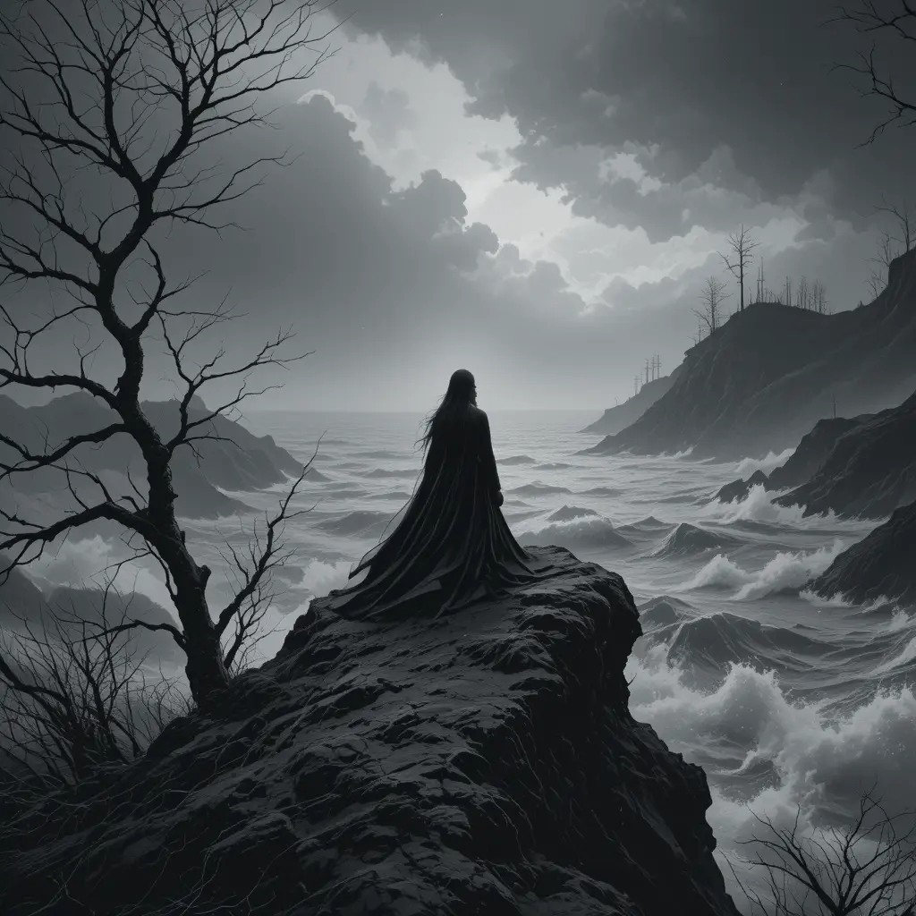 Woman in black cloak on cliff above stormy sea