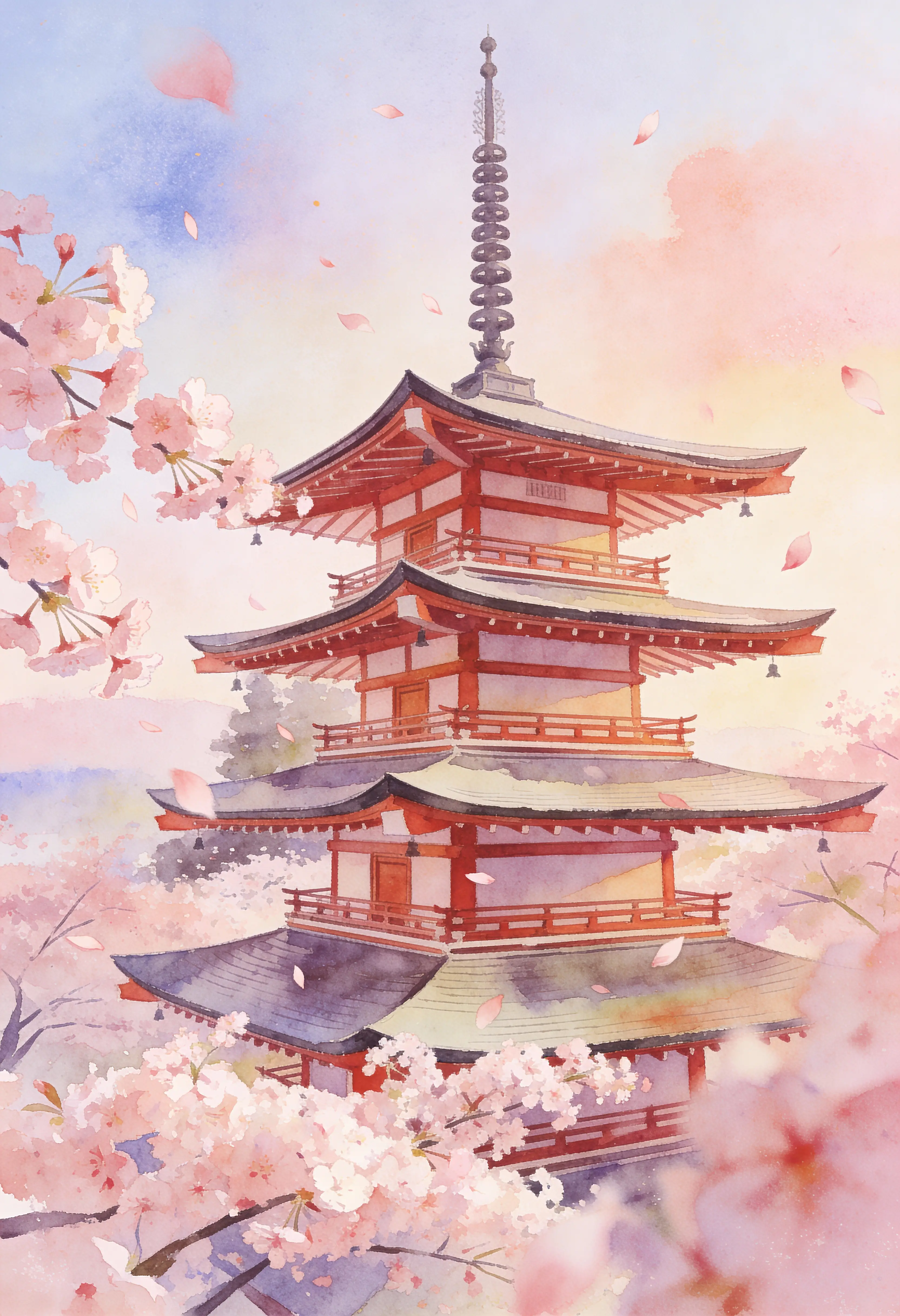 Japanese pagoda watercolor surrounded by soft cherry blossoms